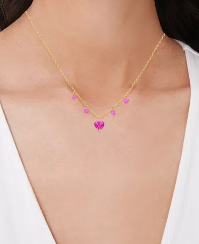 Macy's Lab Grown Pink Sapphire Heart & Dangle 18" Pendant Necklace (2-7/8 Ct. T.w.) In 14k Gold-plated Ster