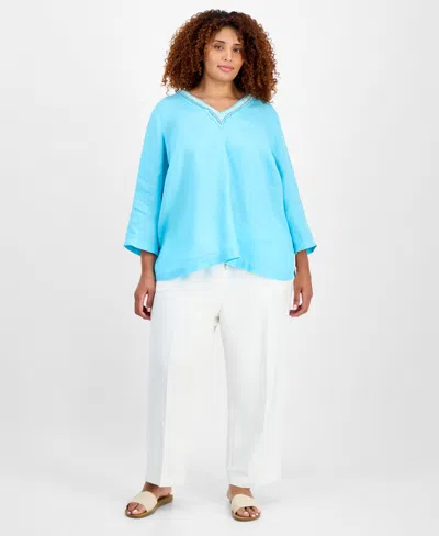 Macy's Charter Club Plus Size Linen Bead-embellished 3/4-sleeve Top, Exclusively At  In Blue
