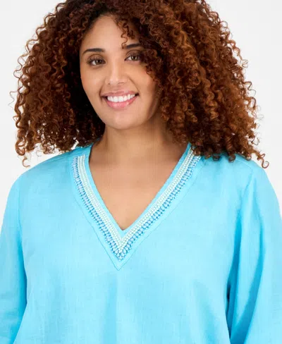 Macy's Charter Club Plus Size Linen Bead-embellished 3/4-sleeve Top, Exclusively At  In Blue