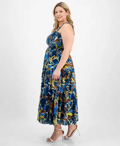 Anne Klein Plus Size Printed Smocked Cotton Sleeveless Maxi Dress