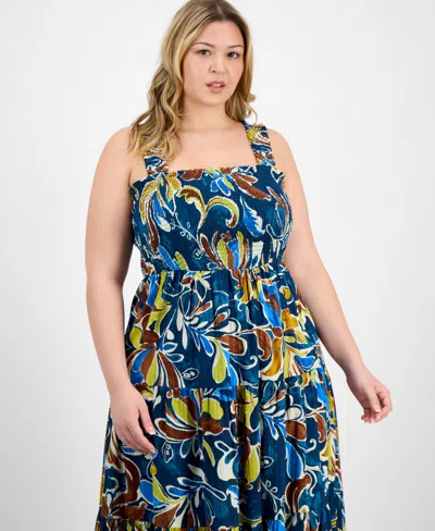 Anne Klein Plus Size Printed Smocked Cotton Sleeveless Maxi Dress
