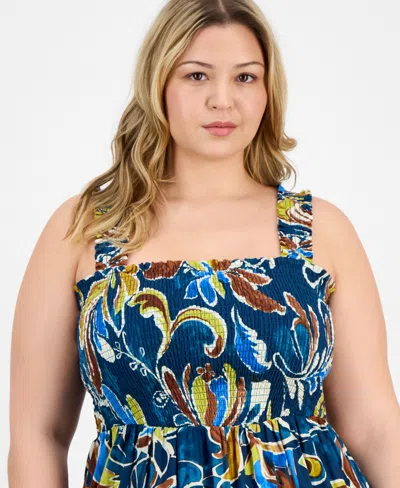 Anne Klein Plus Size Printed Smocked Cotton Sleeveless Maxi Dress