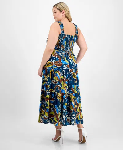Anne Klein Plus Size Printed Smocked Cotton Sleeveless Maxi Dress