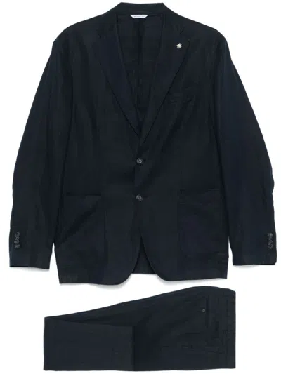Manuel Ritz Tailored Navy Blue Two-piece Linen Suit In Blue
