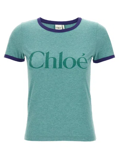 Chloé Green Crewneck T-shirt With Logo Lettering Print On The Front In Cotton Woman In Green