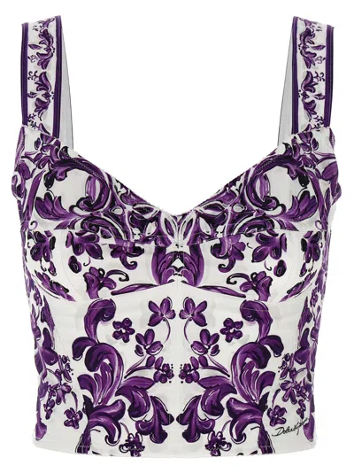 Dolce & Gabbana Violet Top With Sweetheart Neckline And All-over Graphic Print In Cotton Blend Woman In Purple