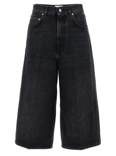 Haikure Wide Leg Denim Bermuda With Belt Loops In Black