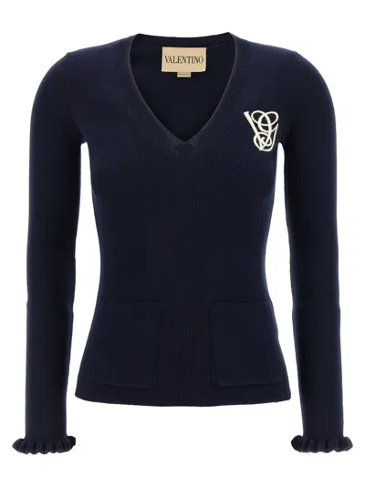 Valentino Embroidered Sweater With Front Pockets And Ruffle Cuffs In Blue