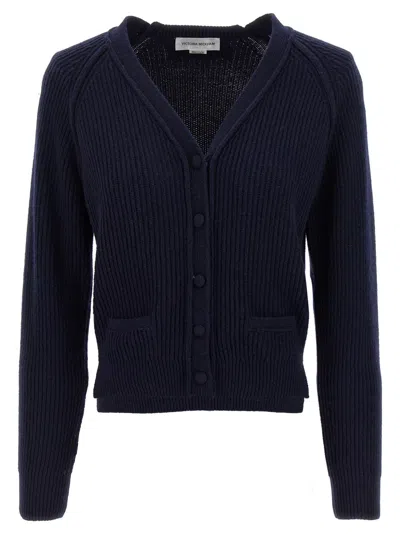 Victoria Beckham Navy Blue Stepped Hem Cardigan In Blue