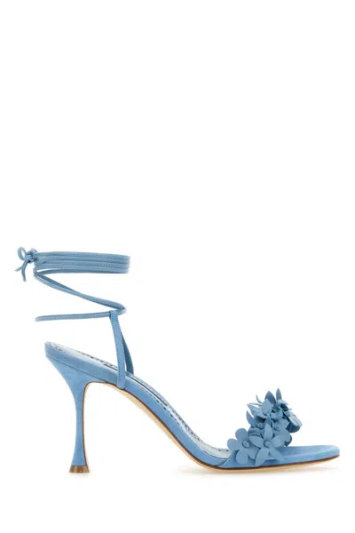 Manolo Blahnik 90mm Flower-embellished Lace-up Heeled Sandals In Blue