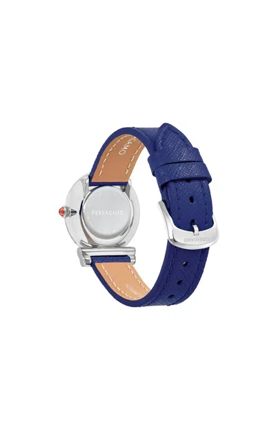 Ferragamo Gancini Leather Watch With Silver Sunray Dial In Blue