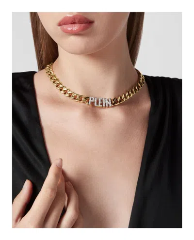 Philipp Plein Gold Chain Necklace With Crystals And Nameplate In Gold