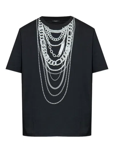 Balmain Graphic Chain Motif Black T-shirt With Short Sleeves In Black