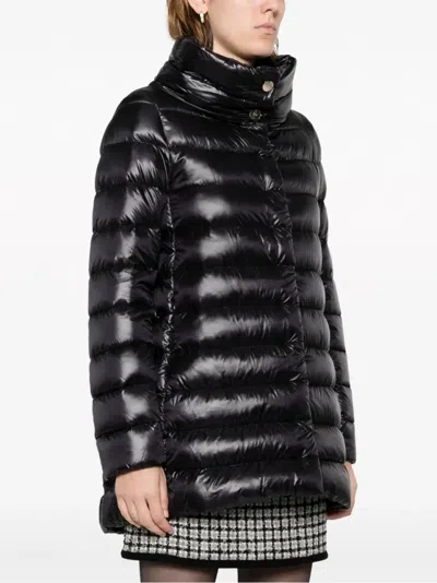 Herno Black High Collar Puffer Jacket With Horizontal Quilting In Black