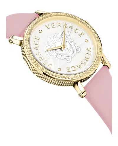 Versace V-dollar Leather Watch With Guilloche Dial In Gold