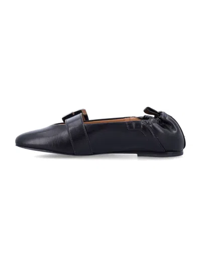 Ganni Buckle Strap Ballerinas With Rounded Square Toe In Blue