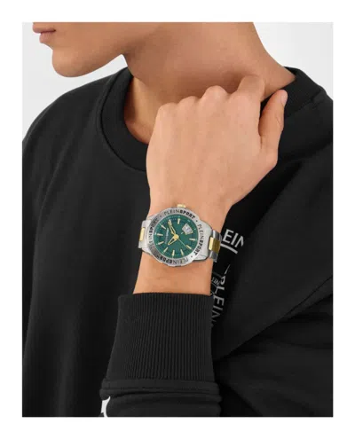 Plein Sport Two-tone Quartz Timepiece With Green Enamel Dial In Metallic