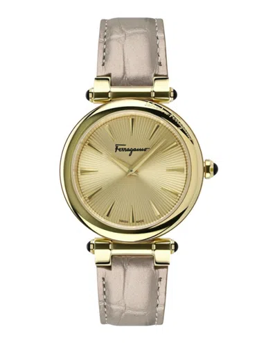 Ferragamo Idillio Leather Watch With Gold Guilloche Dial In Gold