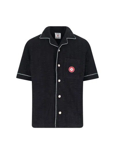 Casablanca Black Shirt With Classic Lapels And All-over Embossed Monogram In Black