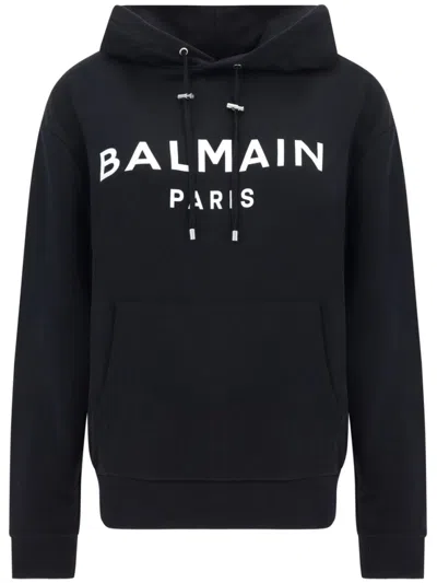 Balmain Slouchy Black Organic Cotton Hoodie With Bold Logo Print In Black