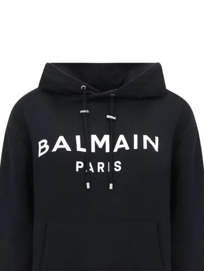 Balmain Slouchy Black Organic Cotton Hoodie With Bold Logo Print In Black