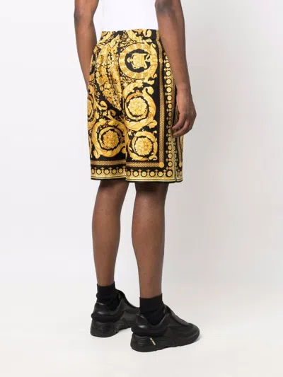 Versace Knee-length Black And Gold Silk Shorts With Barocco Print