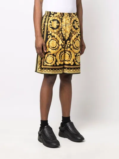Versace Knee-length Black And Gold Silk Shorts With Barocco Print