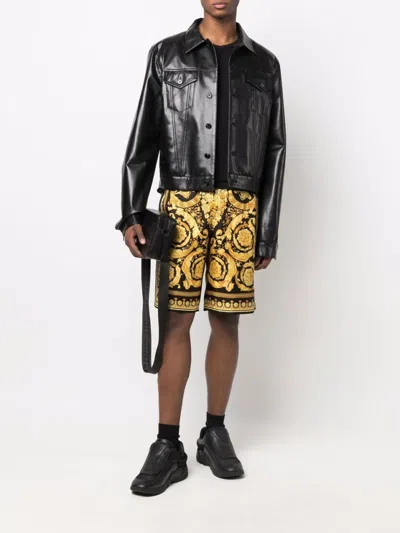 Versace Knee-length Black And Gold Silk Shorts With Barocco Print