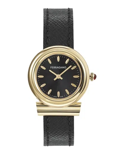 Ferragamo Gancini Leather Watch With Yellow Gold Polished Case In Black