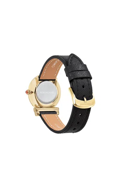 Ferragamo Gancini Leather Watch With Yellow Gold Polished Case In Black