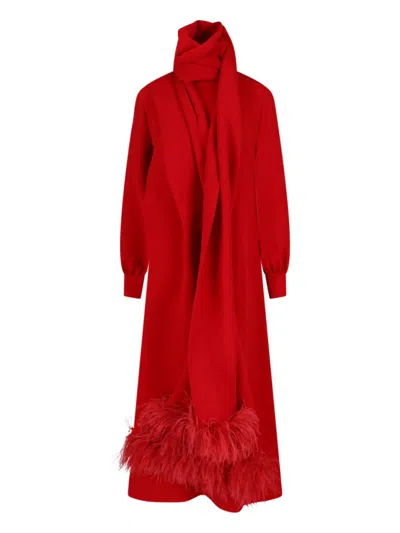 Valentino Maxi Silk Dress With Removable Scarf And Feather Details In Red