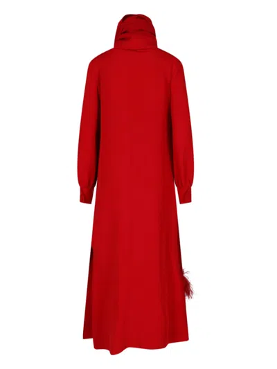 Valentino Maxi Silk Dress With Removable Scarf And Feather Details In Red