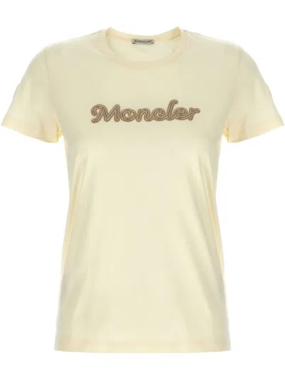 Moncler Natural Cotton T-shirt With Embroidered Logo In Yellow