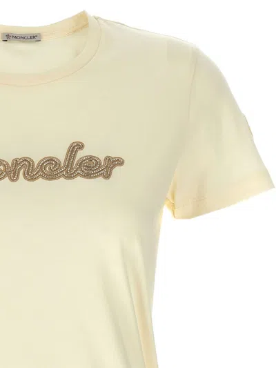 Moncler Natural Cotton T-shirt With Embroidered Logo In Yellow
