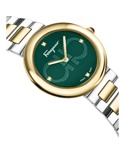 Ferragamo Two-tone Bracelet Watch With Green Guilloche Dial In Gold