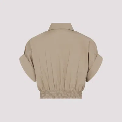 Miu Miu Cropped Green Shirt With Fitted Waist And Rolled Sleeves In Neutral