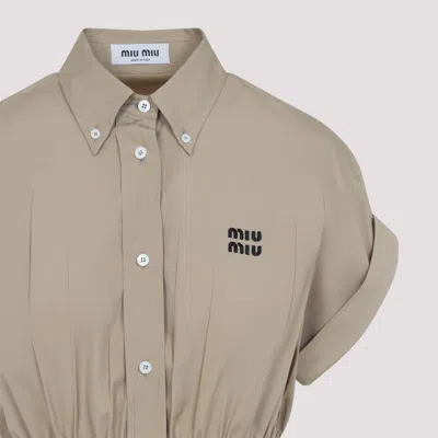 Miu Miu Cropped Green Shirt With Fitted Waist And Rolled Sleeves In Neutral