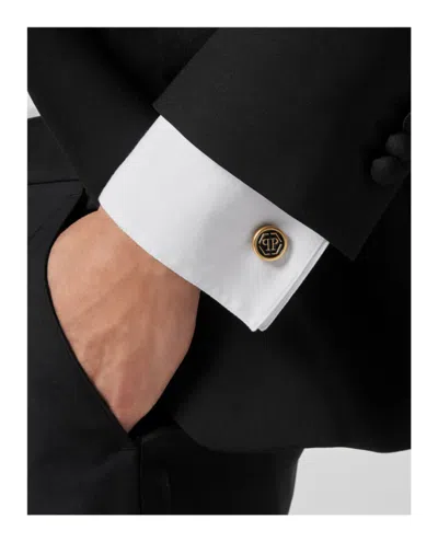 Philipp Plein Black Enamel And Gold Logo Cufflinks In Gold