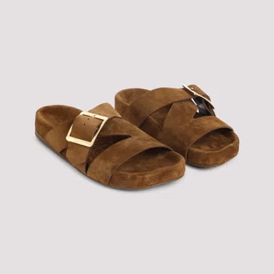 Loewe Brown Calf Suede Sandals With Bold Buckle Detail In Brown