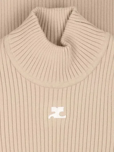Courrèges Ribbed Turtleneck Top With Embroidered Logo In Neutral