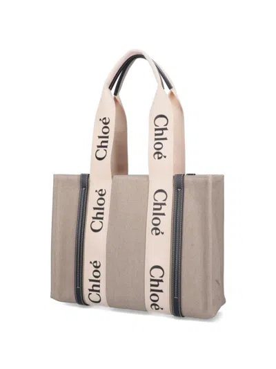 Chloé Linen Shoulder Bag With Logo Print. This Bag Is Made With Lower Environmental Impact Material