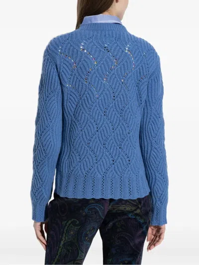 Etro Textured Wave Pattern Knitwear Top With Scalloped Hem In Blue