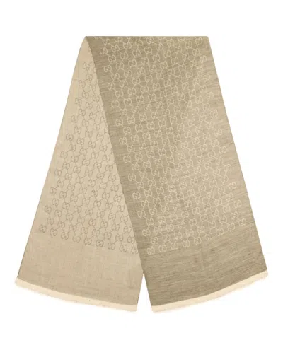 Gucci Logo Scarf With Fringe Trim In Neutral