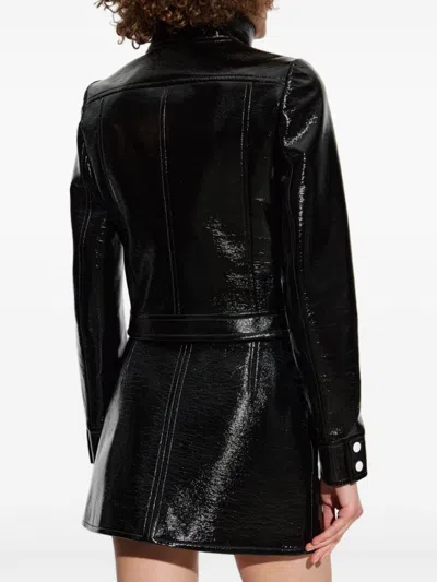 Courrèges Glossy Black Coat With High Collar And Logo Detailing