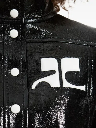 Courrèges Glossy Black Coat With High Collar And Logo Detailing