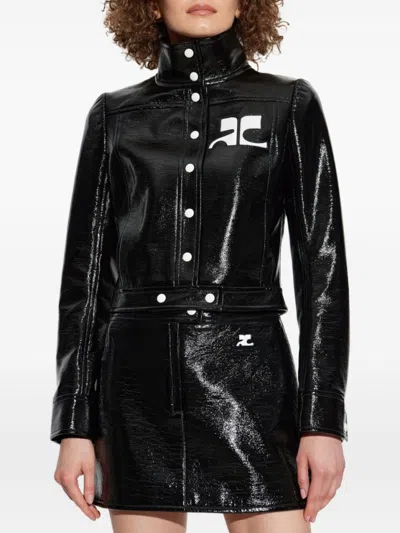 Courrèges Glossy Black Coat With High Collar And Logo Detailing