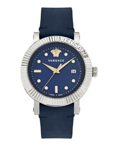Versace V-classic Leather Watch With Blue Guilloche Dial In Blue