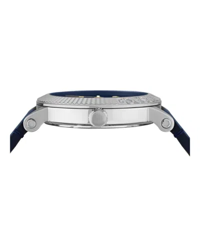 Versace V-classic Leather Watch With Blue Guilloche Dial In Blue