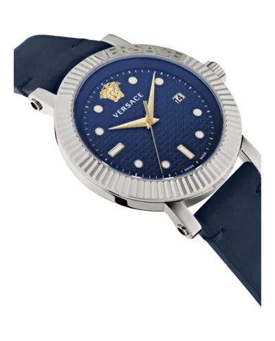 Versace V-classic Leather Watch With Blue Guilloche Dial In Blue