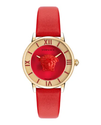 Versace La Medusa Leather Watch In Red